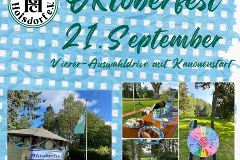 Oktoberfest-Poster des Golf-Clubs Hoisdorf e.V. am 21. September mit Kanonenstart. Bilder zeigen ein Gebäude mit Oktoberfest-Flagge, einen dekorierten Tisch mit Speisen und ein Glücksrad auf einem Rasen. Hintergrund in Hellblau-Weiß.